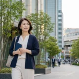 品川のオフィス街をノートを持って歩く大人女性