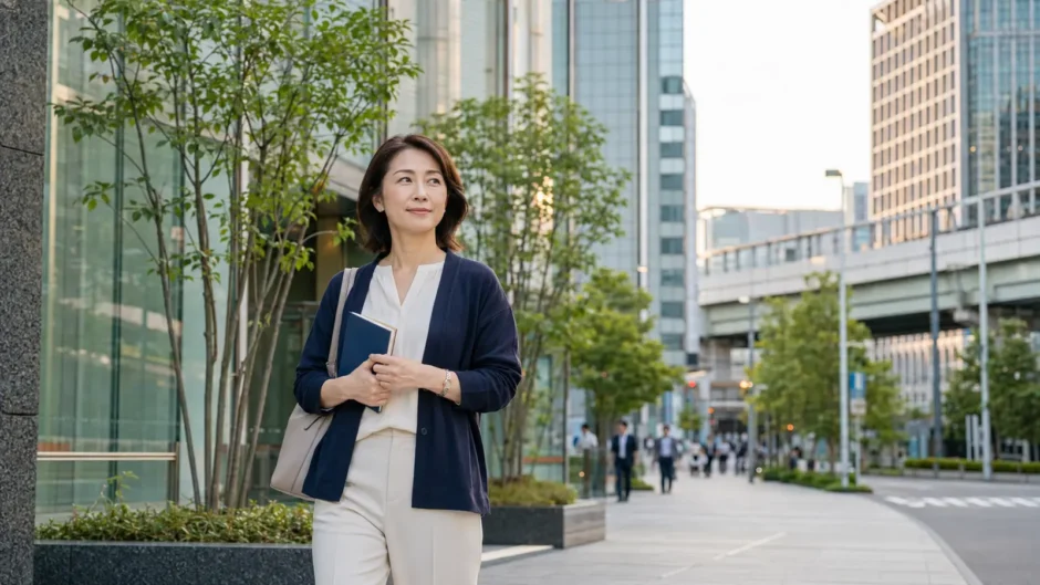 品川のオフィス街をノートを持って歩く大人女性