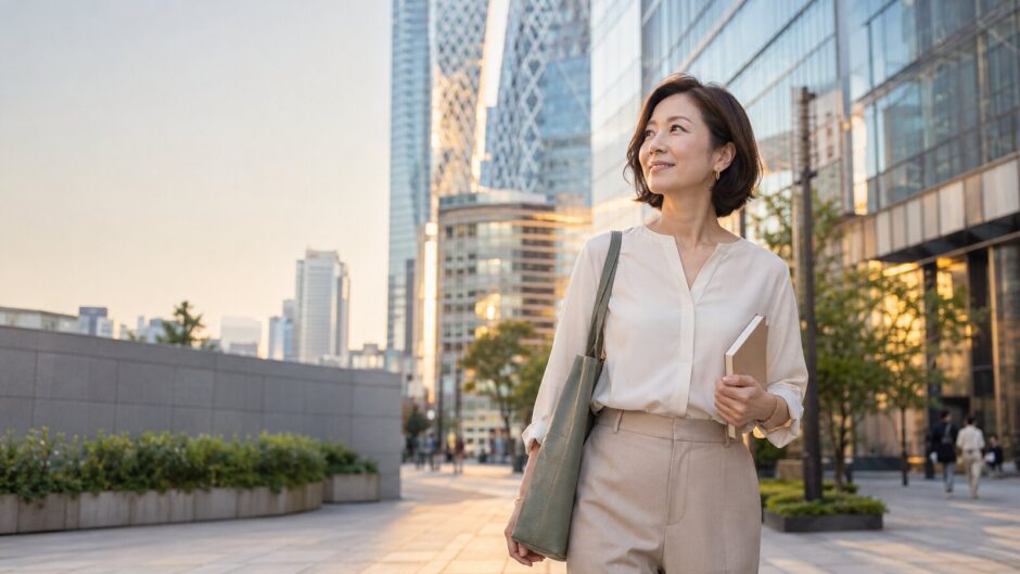 新宿西口の街を英会話レッスンへ向かう大人の女性