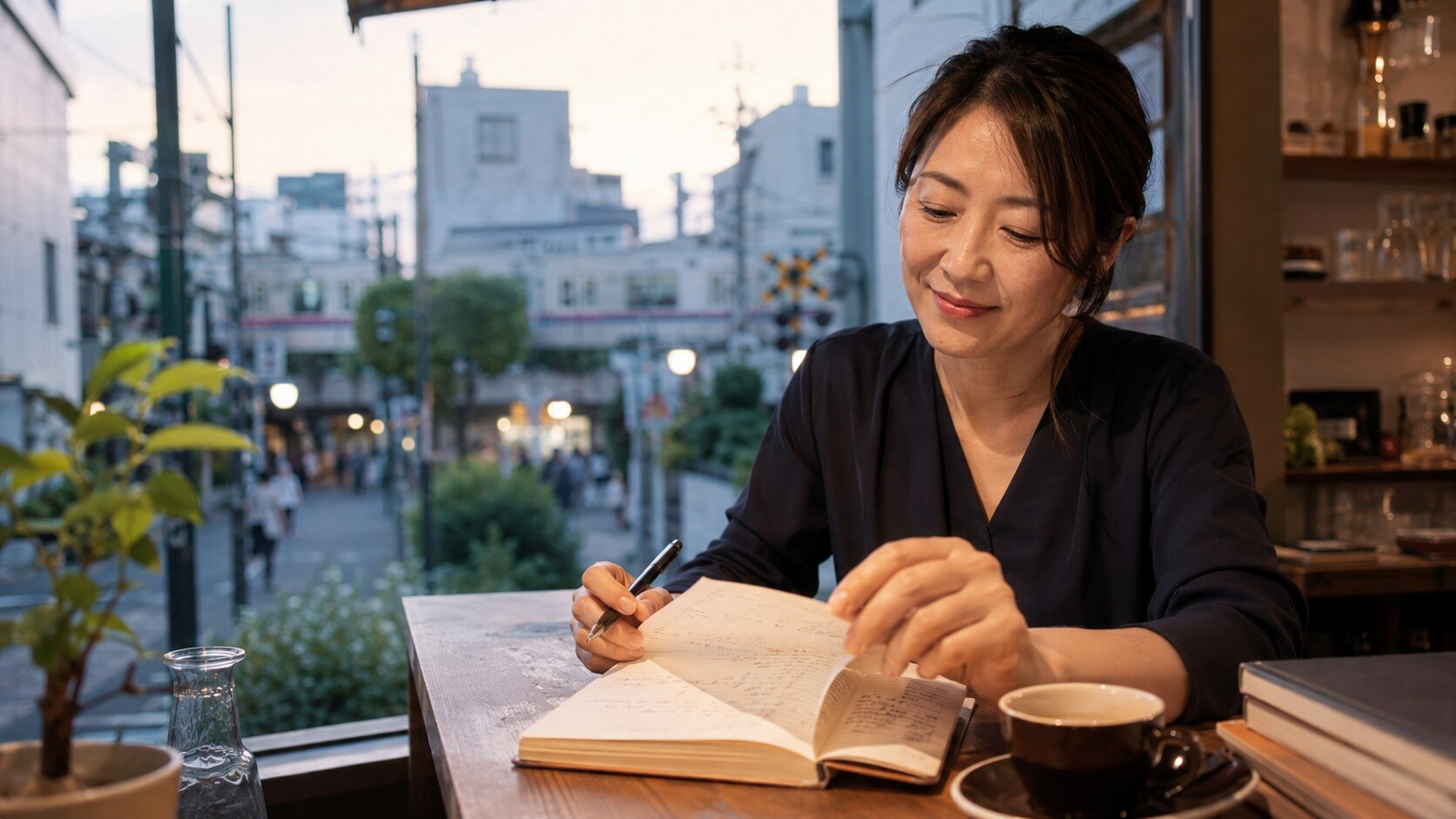 神泉のカフェで英会話レッスンの予習をする大人女性