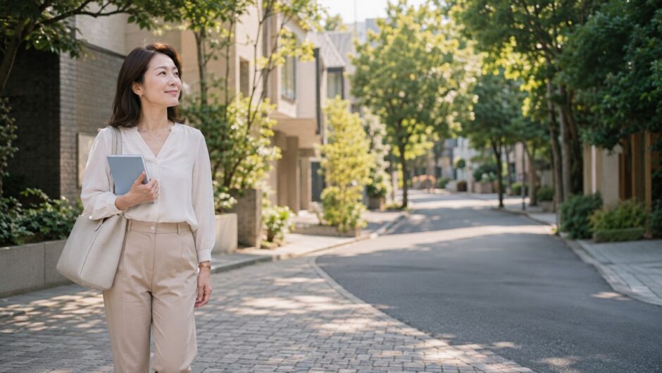 神泉の落ち着いた街並みを渋谷の英会話レッスンへ向かって歩く大人女性
