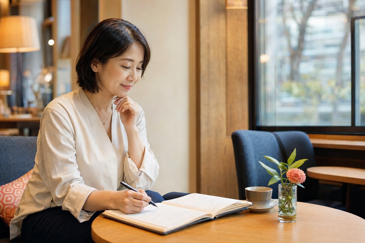 横浜の落ち着いた空間で英会話レッスンを復習する大人女性