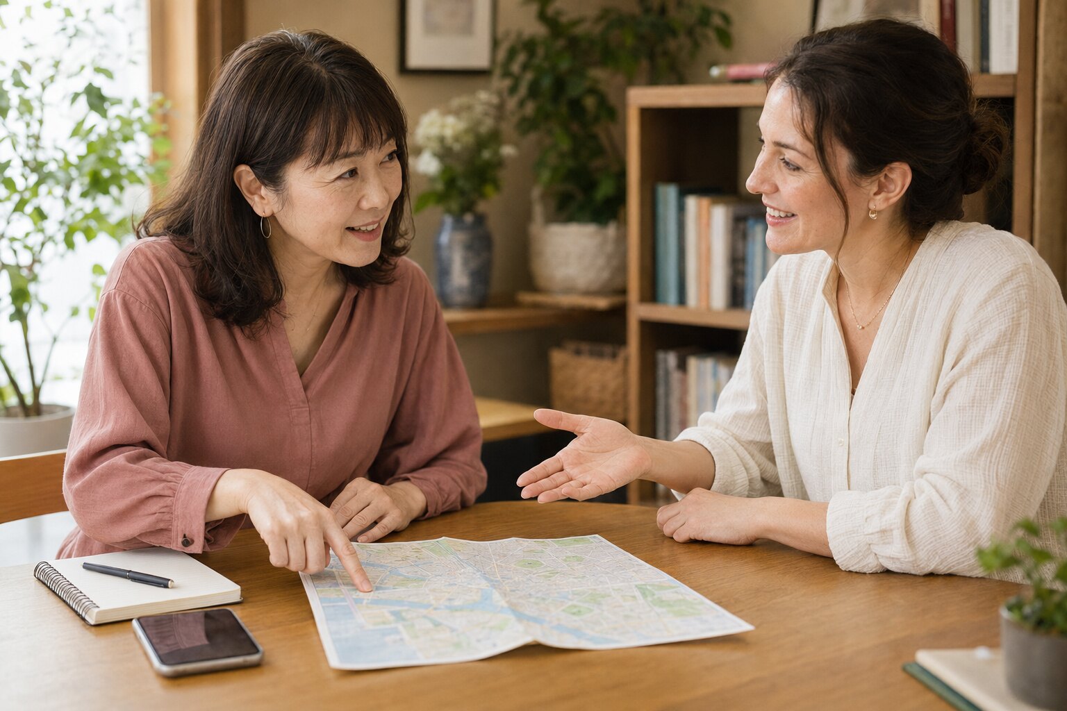 海外一人旅に備えて地図を使い英会話のロールプレイをする大人女性