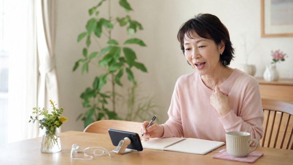 自宅で英語を声に出して練習する大人の女性