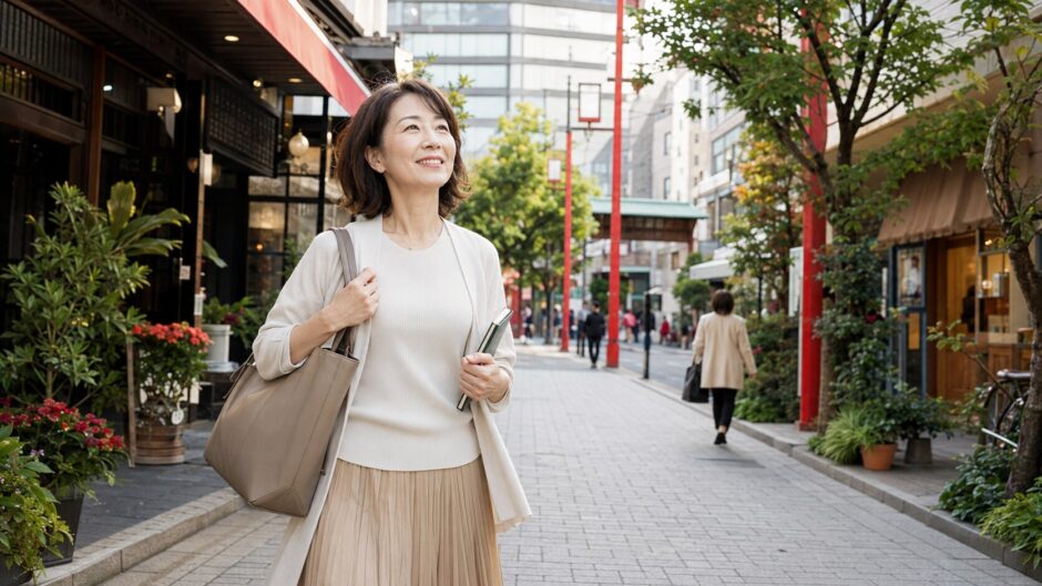 巣鴨の親しみやすい商店街を英語のノートを持って歩く大人女性