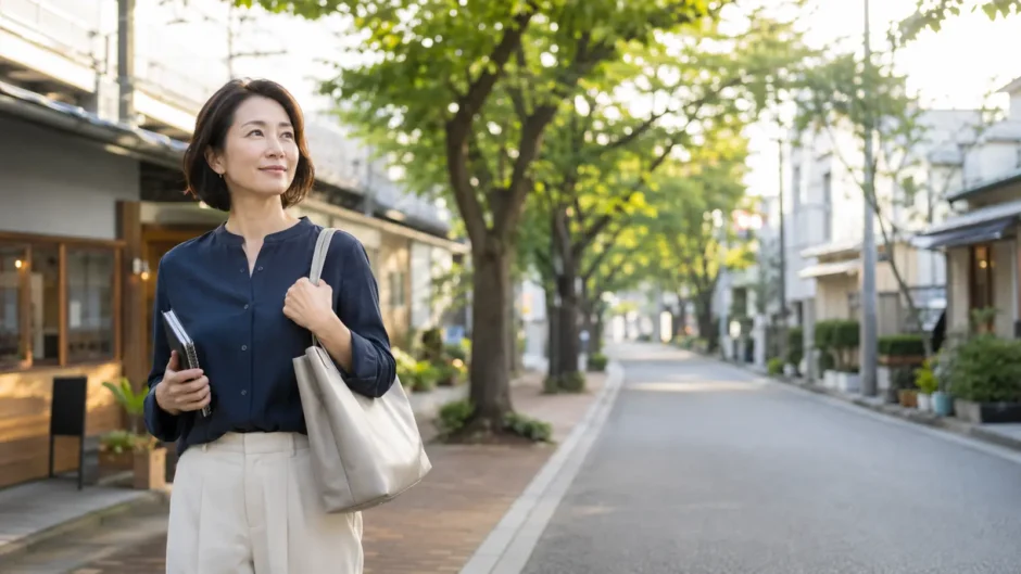 杉並区の緑ある住宅街から英会話教室へ向かう大人女性