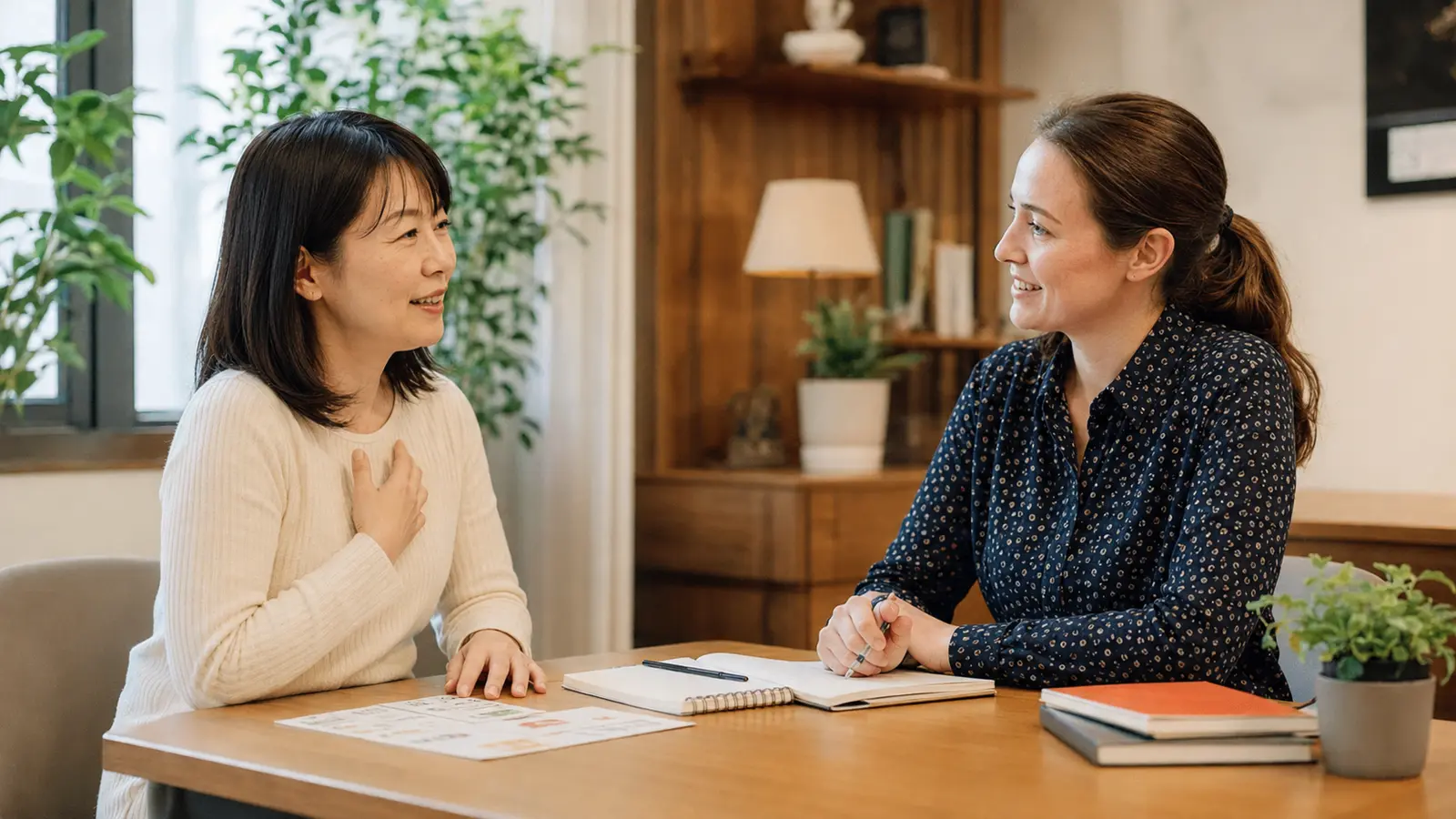 講師に励まされながら短い英語を話す大人女性