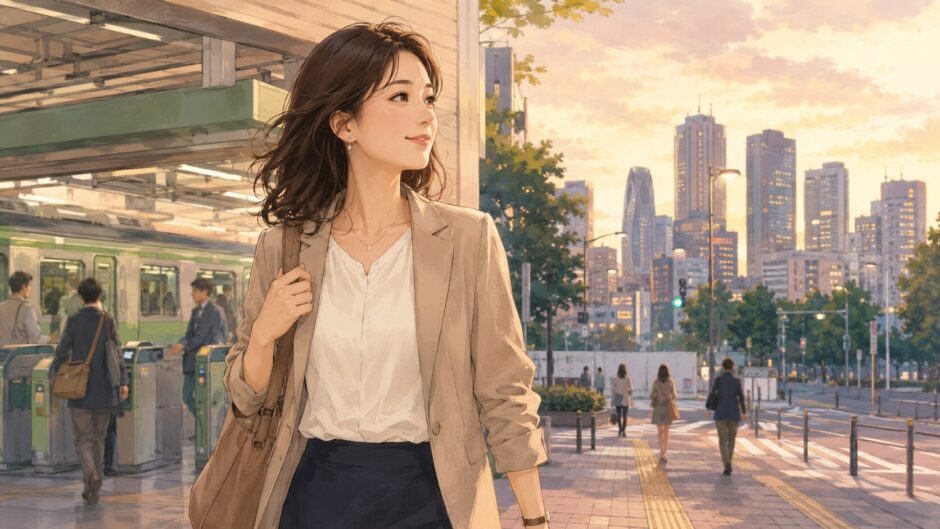 高田馬場から新宿の英会話教室へ向かう大人女性