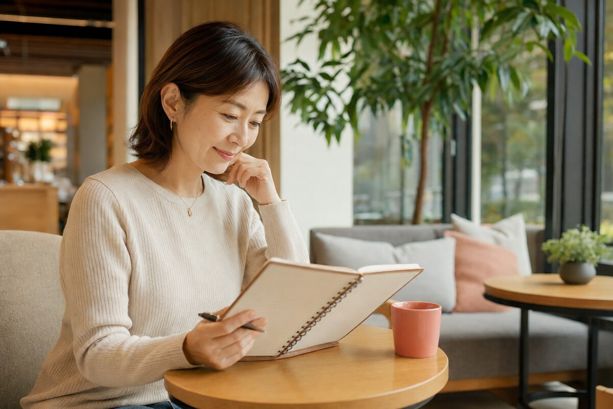 二子玉川の落ち着いた空間で英語学習をする大人女性