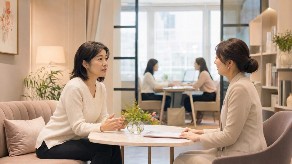 英会話教室のスタッフに講師との相性について相談する大人女性