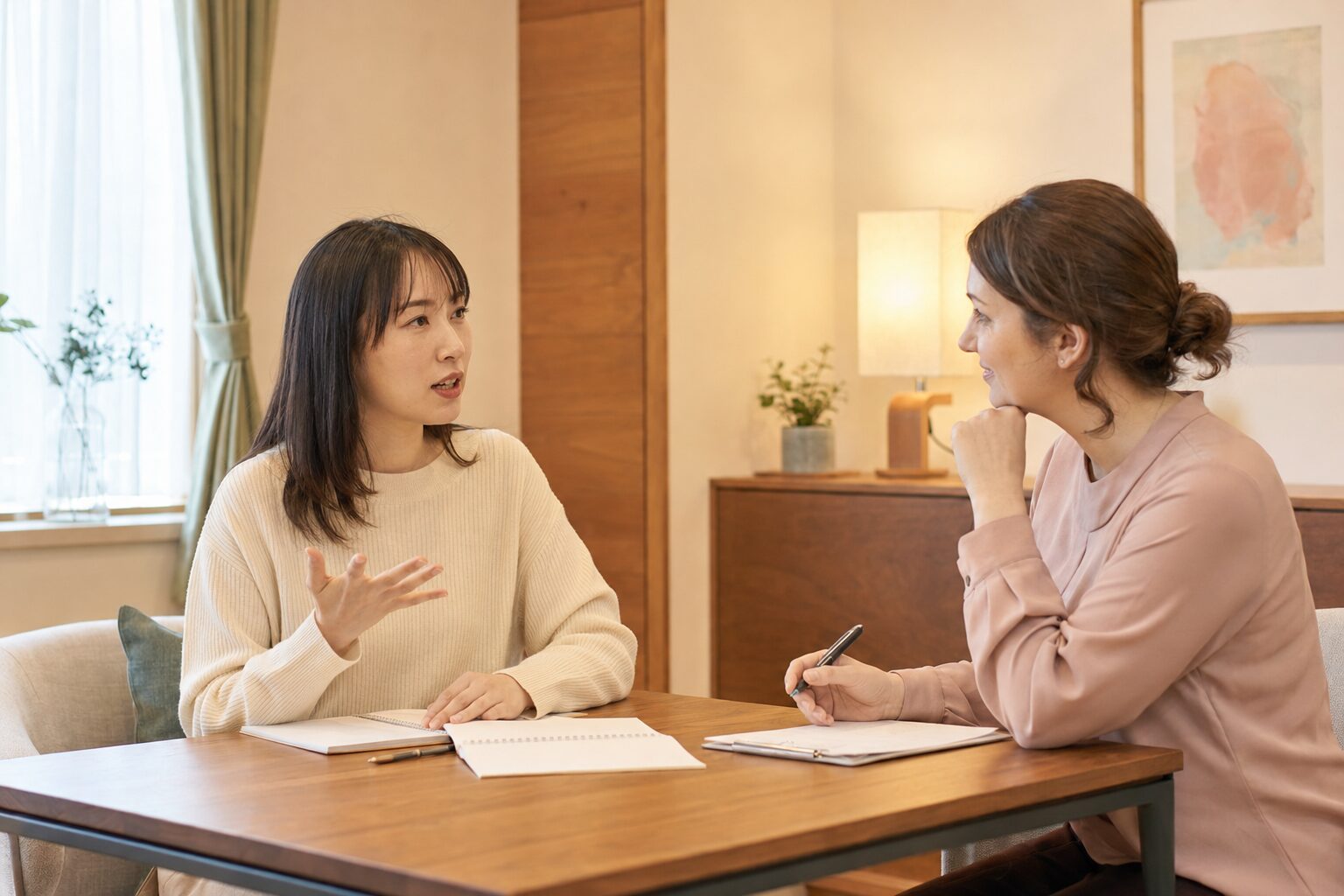 3ヶ月の短期目標に向けて講師と英会話を練習する初心者女性