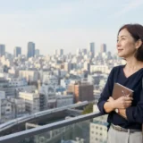 東京の街を眺めながら英会話教室のエリアを検討する大人女性