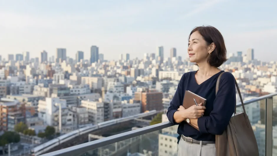 東京の街を眺めながら英会話教室のエリアを検討する大人女性