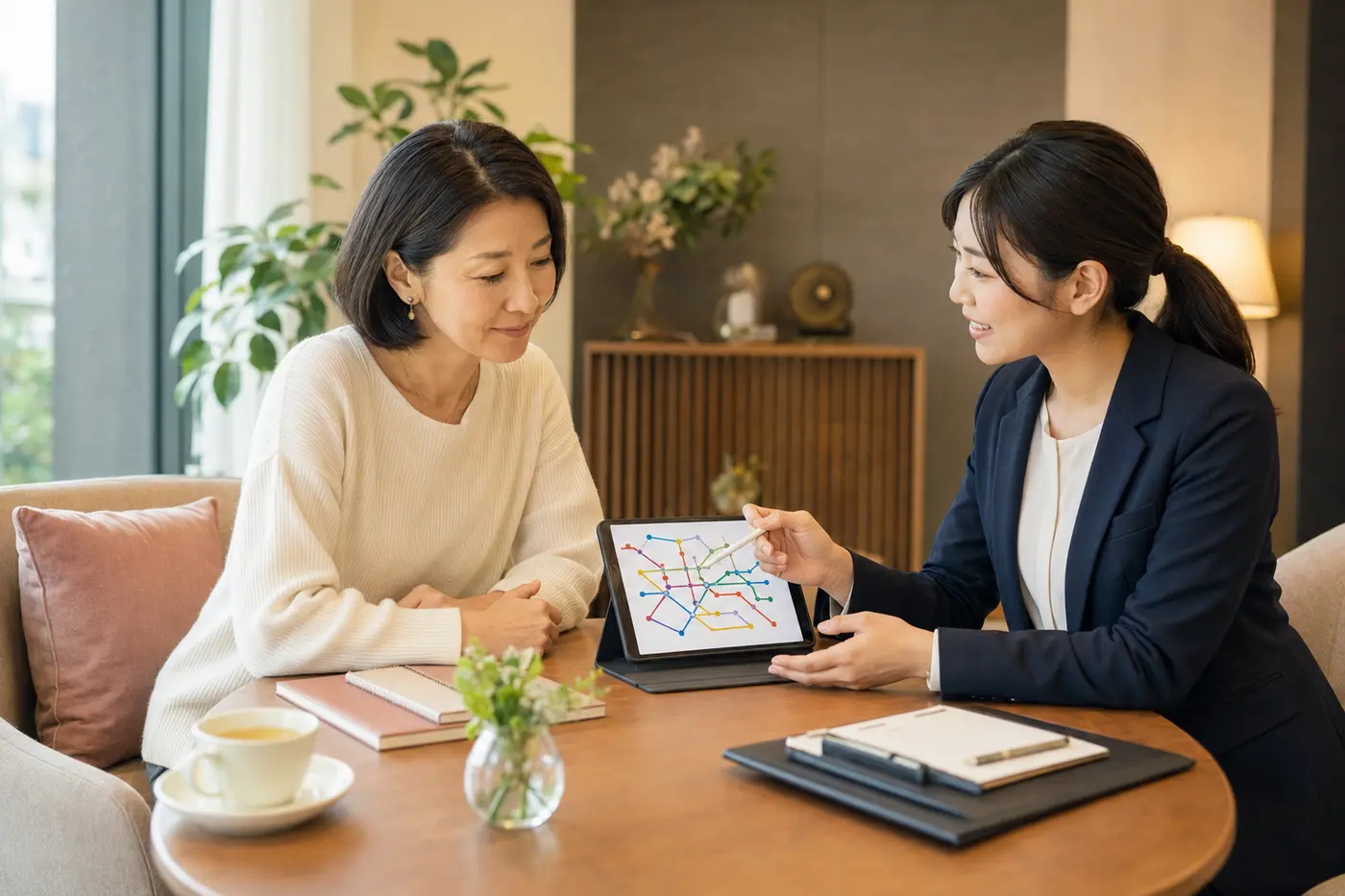 東京の路線と生活動線を見ながら英会話教室を比較する大人女性