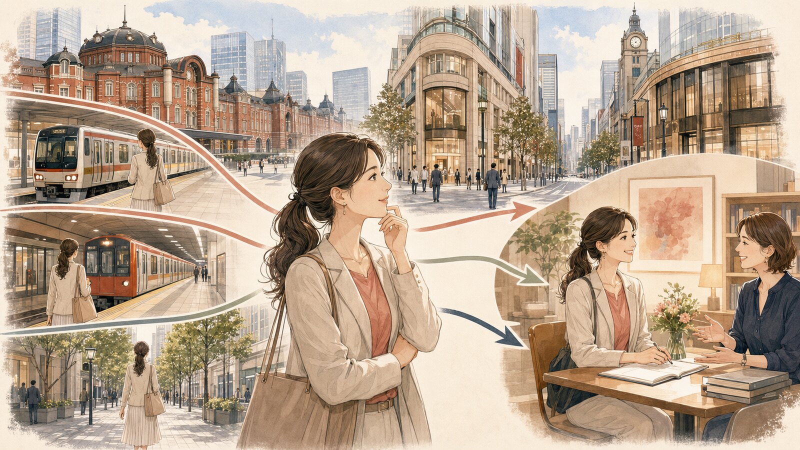 東京駅から銀座の英会話教室への電車・地下鉄・徒歩の通学ルートを考える女性のイラスト