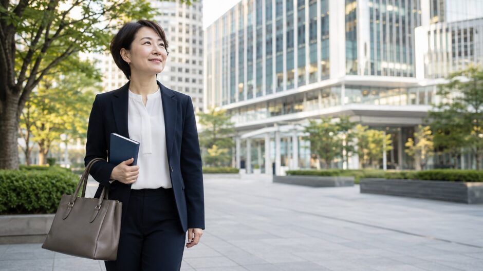 虎ノ門ヒルズ周辺のビジネス街を英語学習ノートを持って歩く大人女性