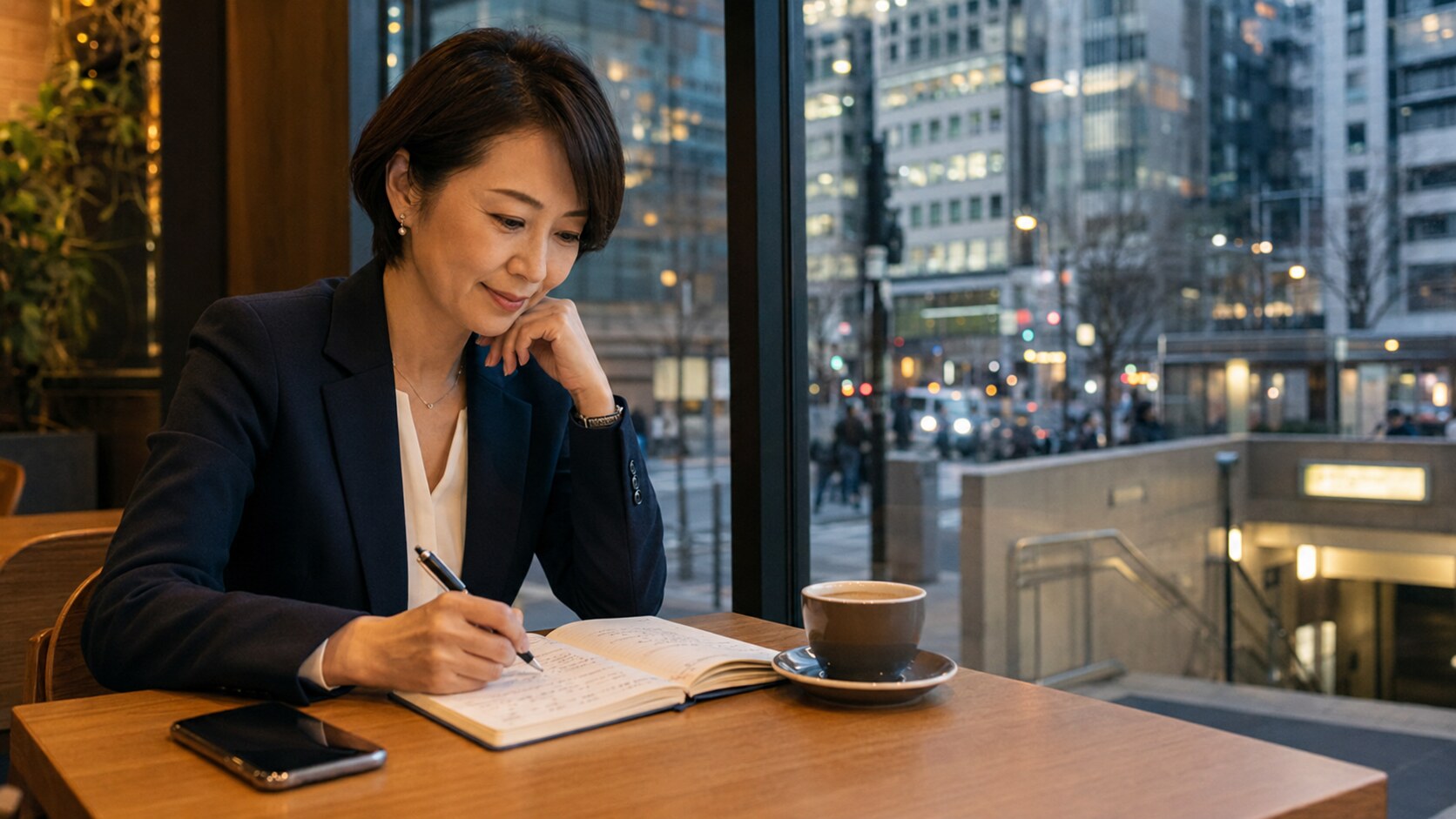 虎ノ門のカフェで仕事帰りの英会話レッスンを準備する大人女性