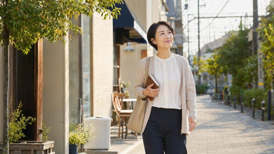 都立大学駅周辺の落ち着いた街を歩く大人女性