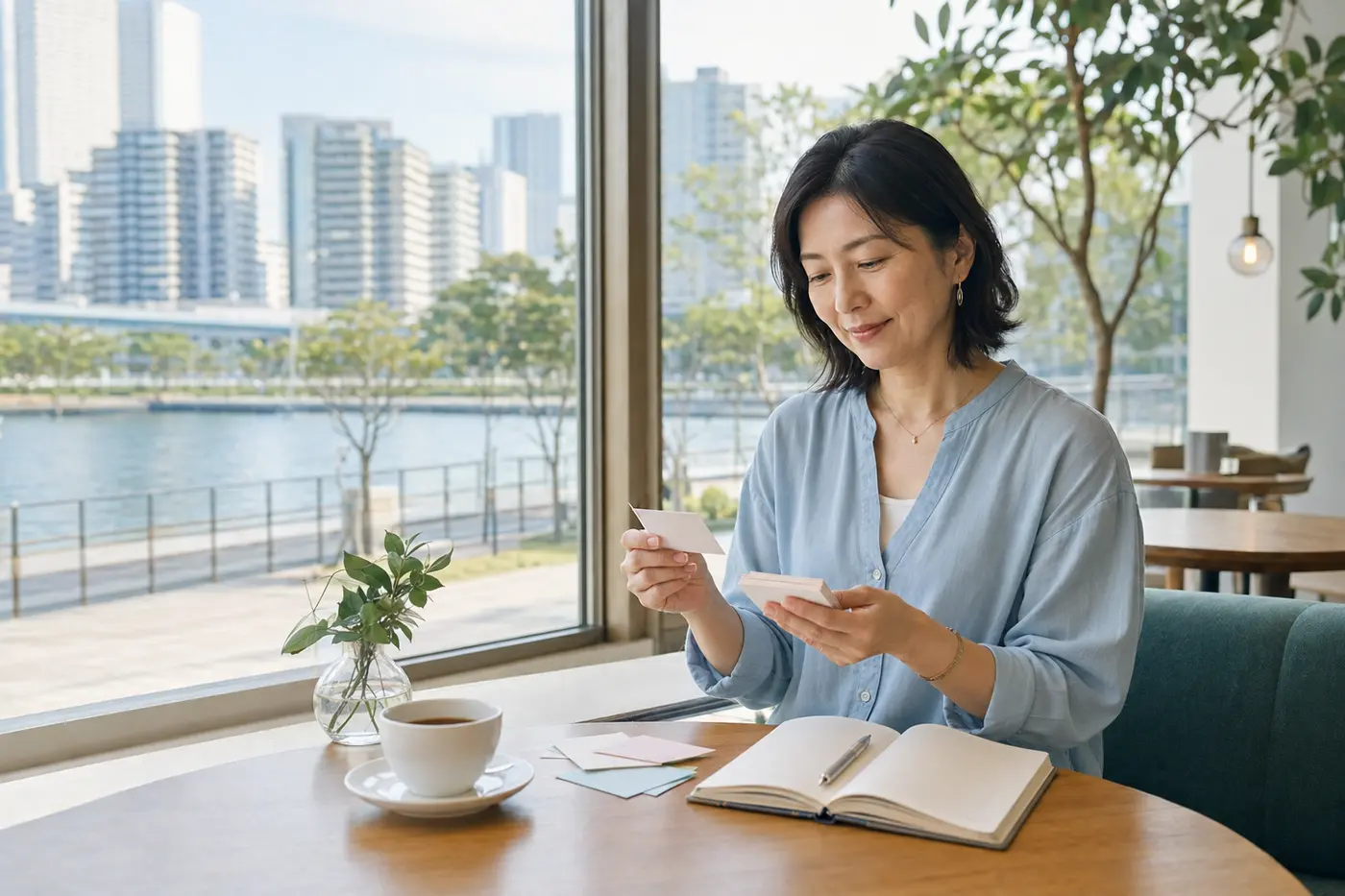 豊洲の水辺を望むカフェで英会話の予習をする大人女性