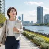 豊洲の水辺をノートを持って歩く大人女性