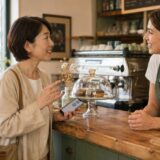 海外のカフェでスマートフォンを補助にしながら会話する大人の女性