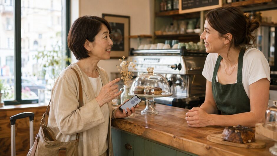 海外のカフェでスマートフォンを補助にしながら会話する大人の女性