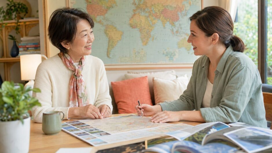 旅行日程を見ながら外国人講師と旅行英会話を練習する大人女性
