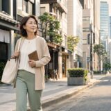 築地から銀座方面へ歩いて英会話教室へ向かう大人女性