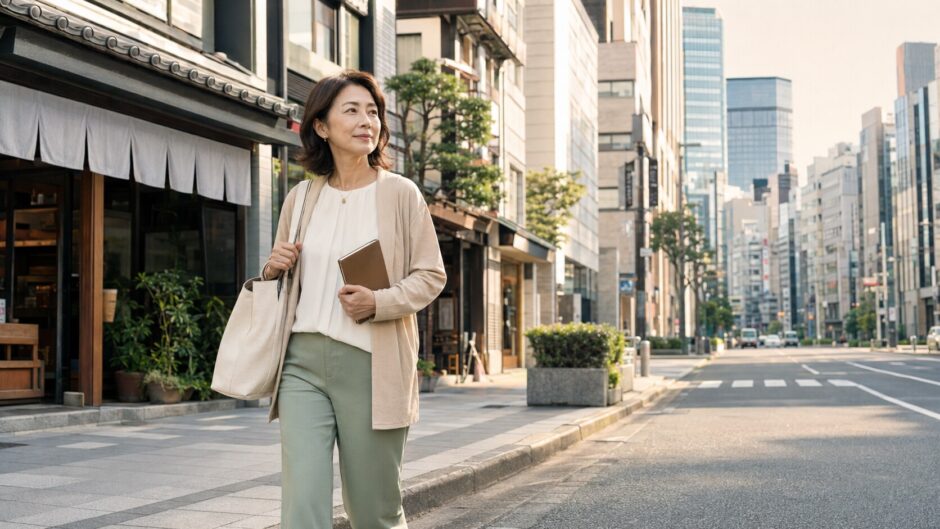 築地から銀座方面へ歩いて英会話教室へ向かう大人女性