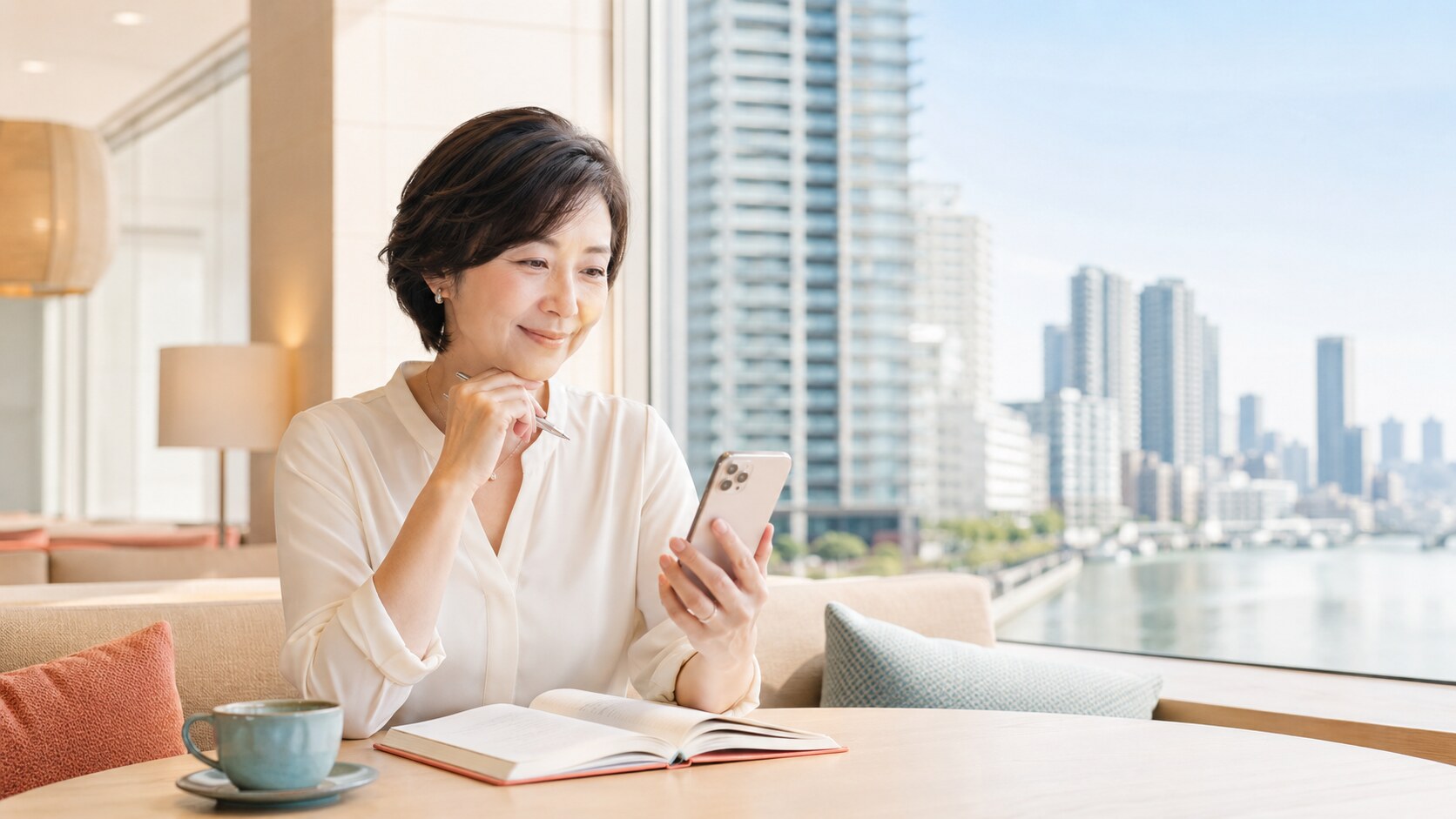 月島の水辺を望む場所で英会話レッスンの予定を確認する大人女性