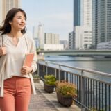 月島の水辺を英会話レッスンに向かって歩く大人女性