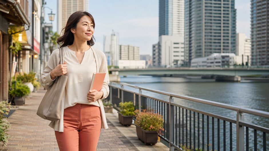 月島の水辺を英会話レッスンに向かって歩く大人女性