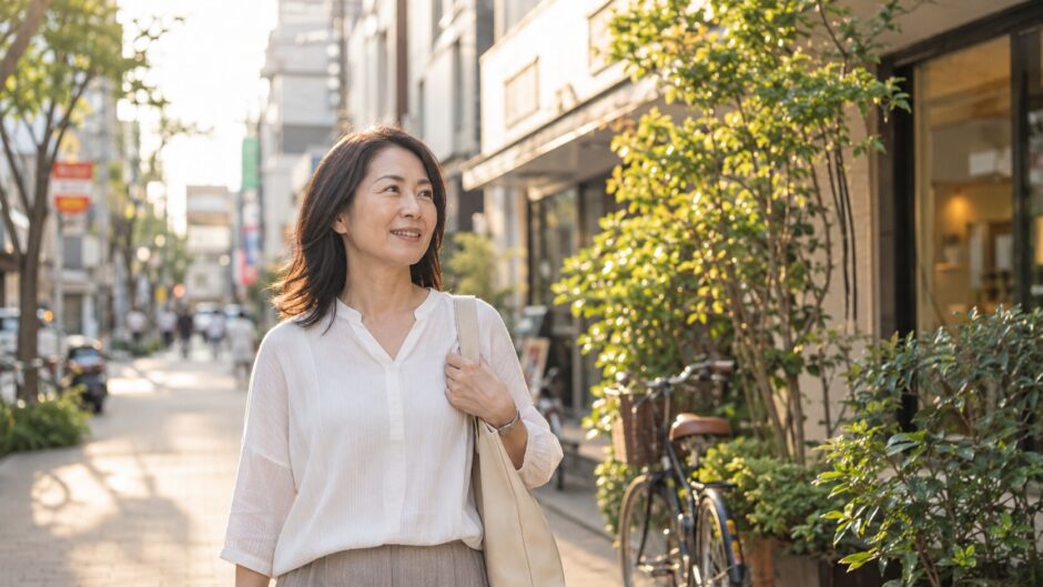 綱島の街を歩き横浜方面の英会話教室を検討する大人女性