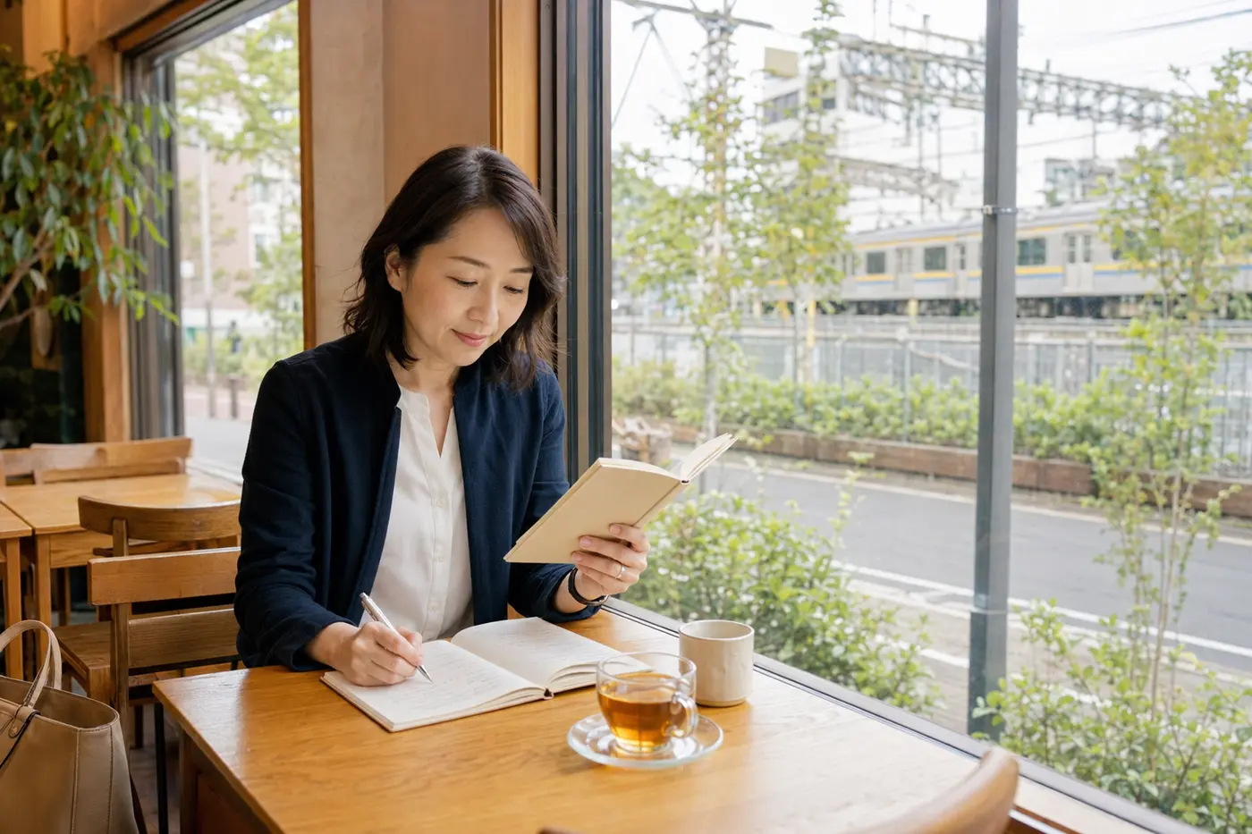 鶴見駅近くの落ち着いたカフェで英会話の予習をする大人女性