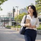 鶴見駅近くの緑ある歩道をノートを持って歩く大人女性
