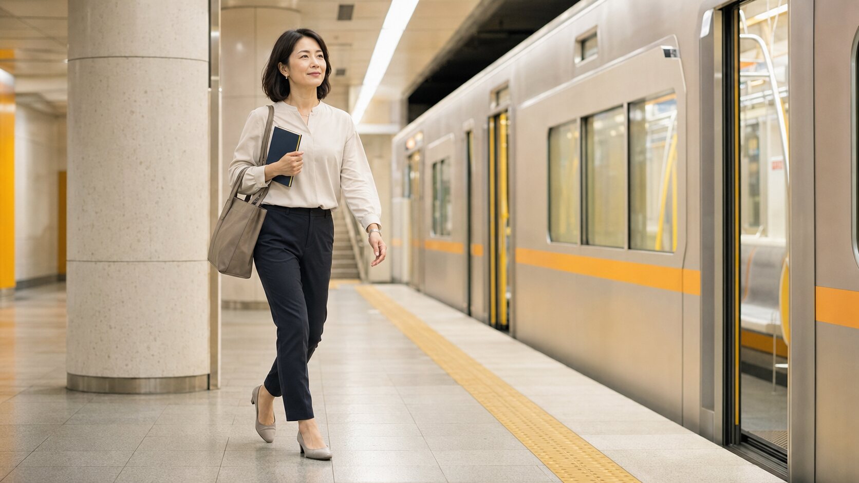 上野から銀座線で英会話教室へ向かう大人女性