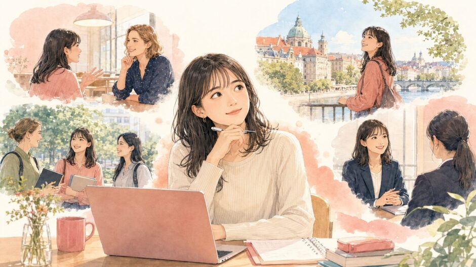 英会話、留学、国際交流、就職への可能性を考える女子大学生