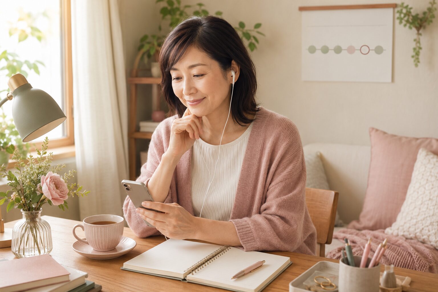 週1回のレッスンと毎日の短い英語習慣を組み合わせる女性