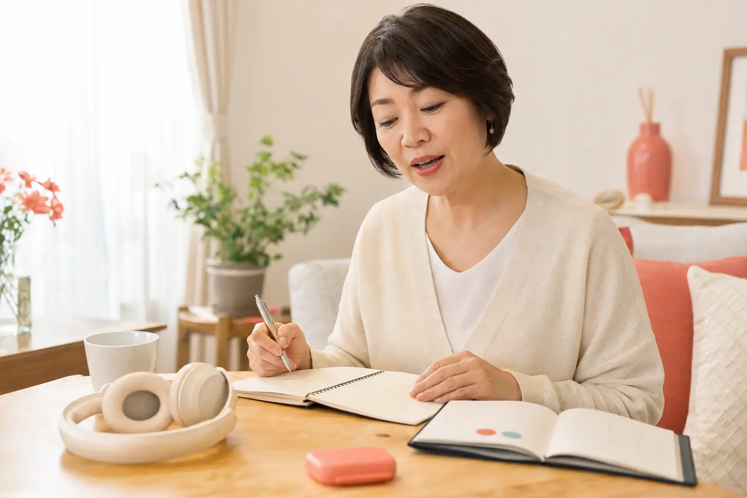 週2回の英会話レッスンに向けて自宅で短く復習する大人女性