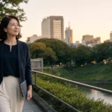 四谷の緑ある都心の街を英会話教室へ向かう大人女性