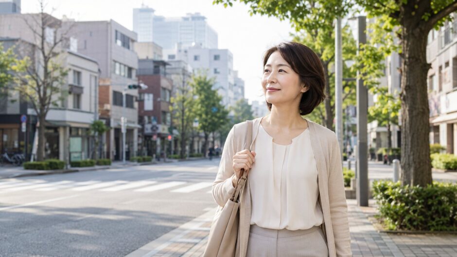 四谷三丁目の街を歩く大人女性