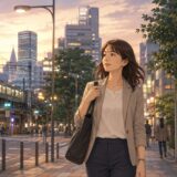代々木から新宿の英会話教室へ歩く仕事帰りの大人女性