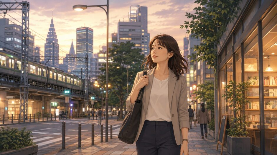 代々木から新宿の英会話教室へ歩く仕事帰りの大人女性