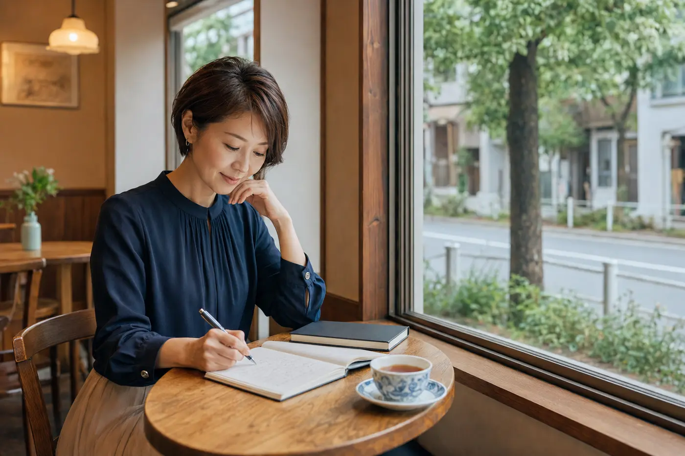 代々木八幡の落ち着いたカフェで英会話の予習をする大人女性
