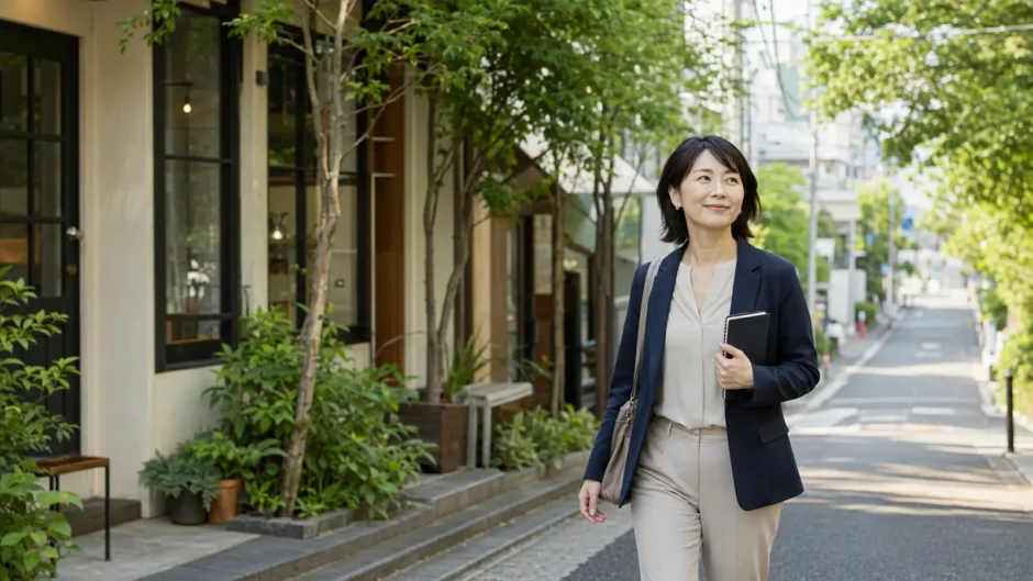 代々木八幡の緑ある落ち着いた街をノートを持って歩く大人女性
