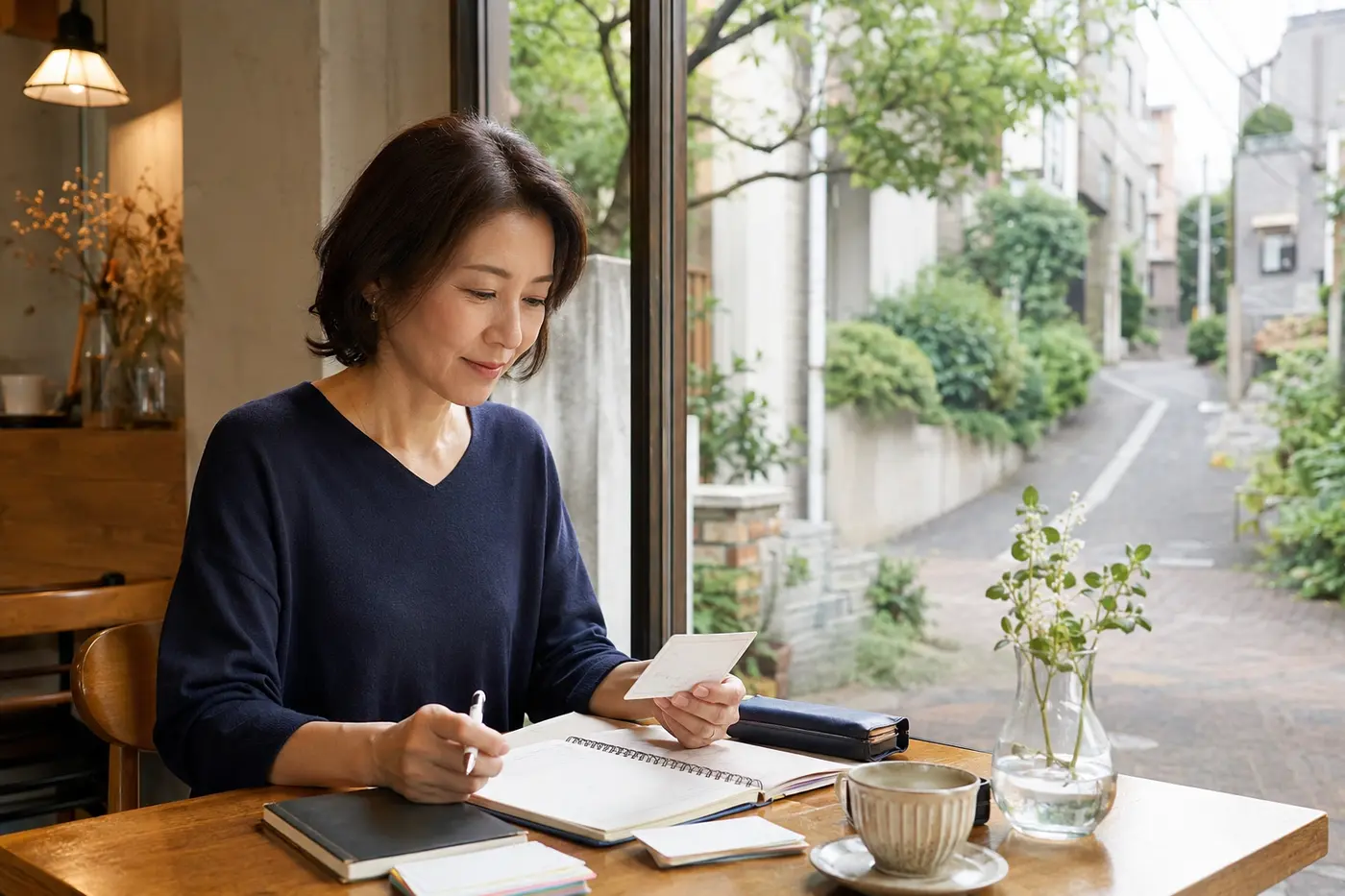 代々木上原の落ち着いたカフェで英会話の予習をする大人女性