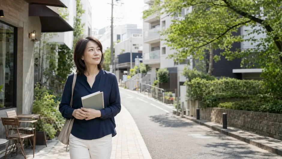 代々木上原の緑ある住宅街をノートを持って歩く大人女性