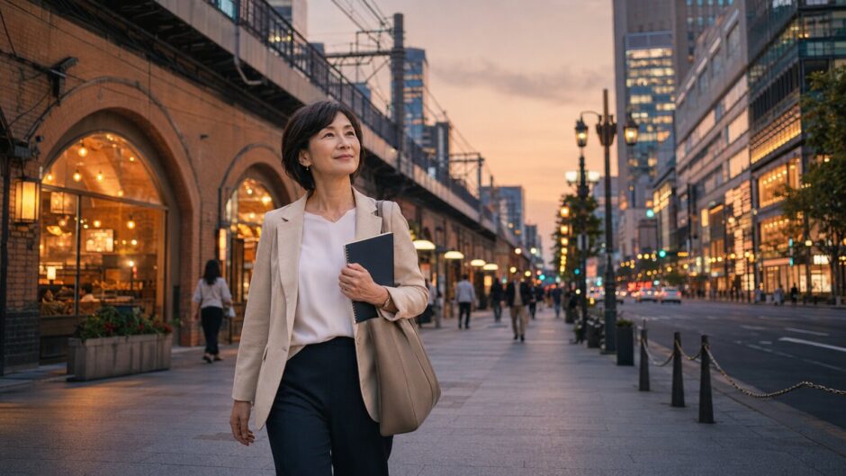 有楽町から銀座の英会話教室へ歩く大人女性