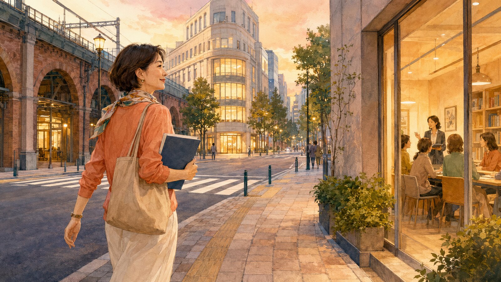 有楽町から銀座の英会話教室へ歩いて向かう大人女性のイラスト
