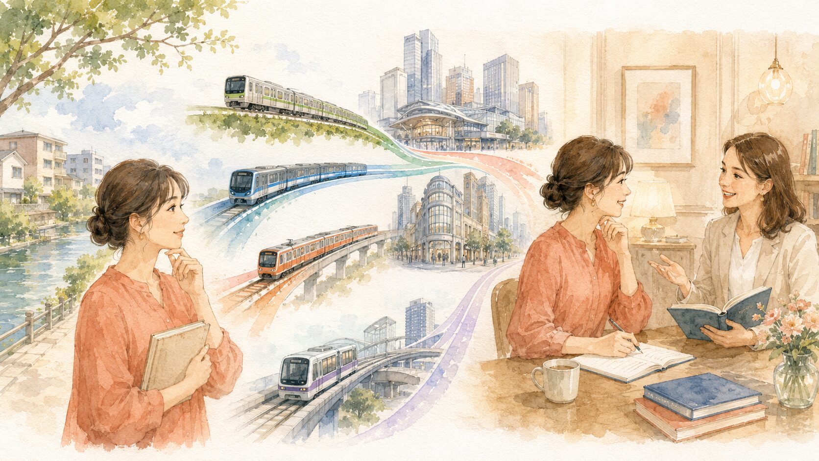 足立区の複数路線から都心の英会話教室を選ぶイラスト